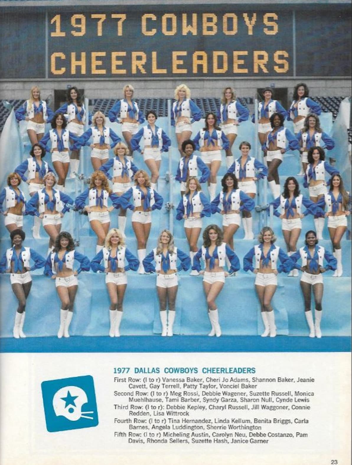 dallas cowboy cheerleader posters - 1977 Cowboys Cheerleaders Syeee Frieee Eeeeeeee 1977 Dallas Cowboys Cheerleaders First Row l to r Vanessa Baker, Cheri Jo Adams, Shannon Baker, Jeanie Cavett, Gay Terrell, Patty Taylor, Vonciel Baker Second Row l to r M